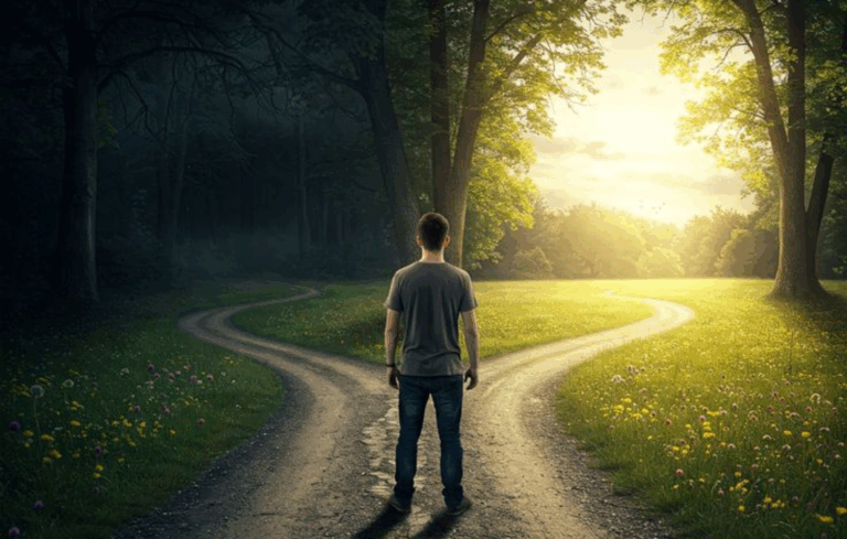 A man stands at a fork in the road surrounded by nature, symbolizing a choice between two diverging paths—representing the ideological crossroads between Islam and liberalism.